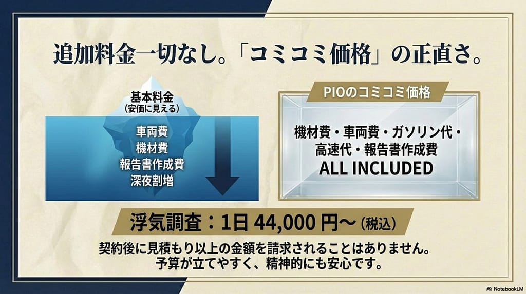 車両費、機材費、報告書作成費、深夜割増などがすべて含まれたPIO探偵事務所の「コミコミ価格」の仕組み図。