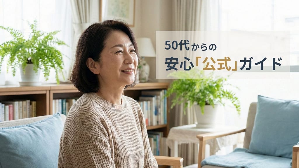 50代女性の不安を解消する公的機関・相談窓口まとめの公式ガイド。穏やかに微笑む50代女性のアイキャッチ画像。